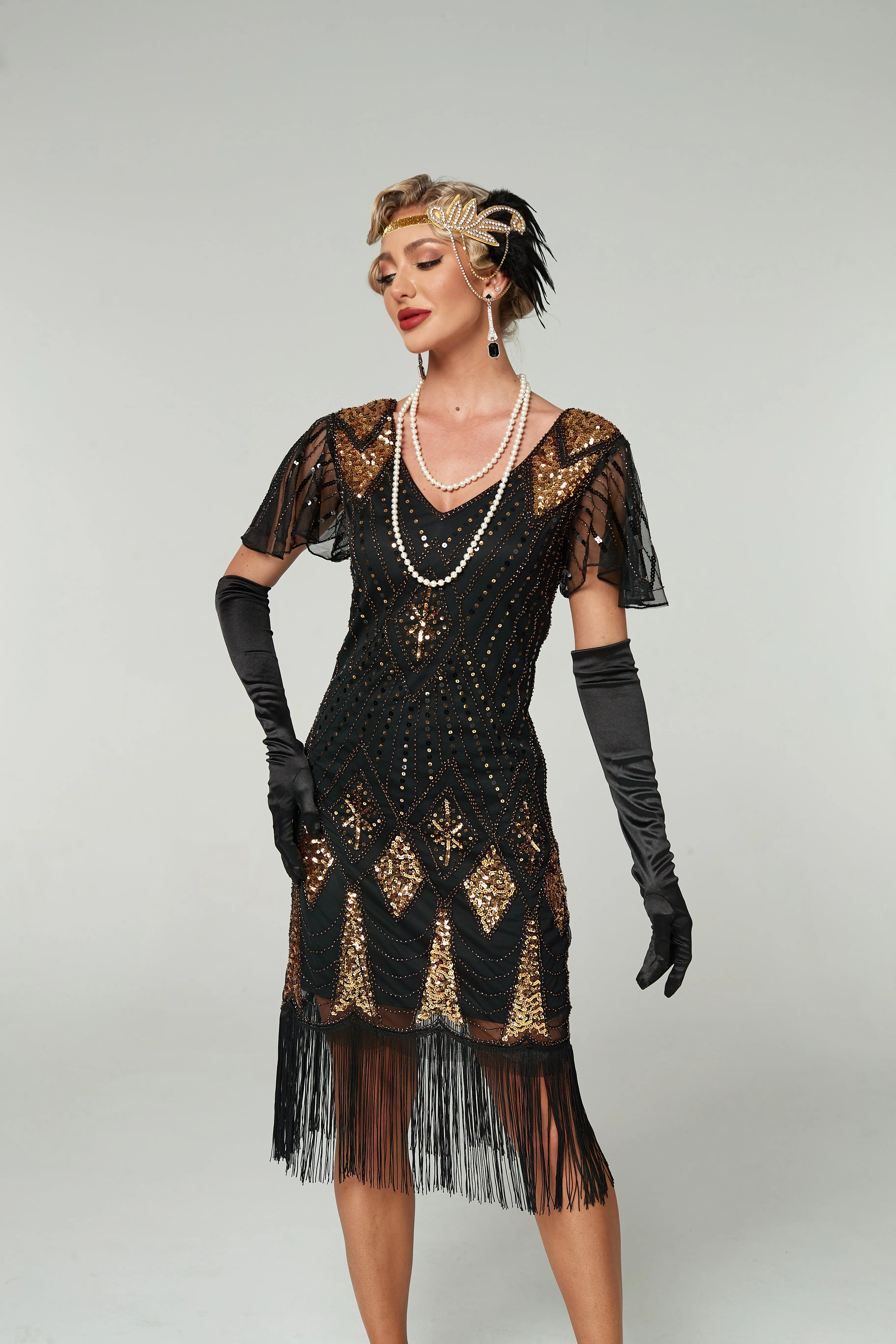 V Neck Sequined Beaded Tassels 1920S Gatsby Dress