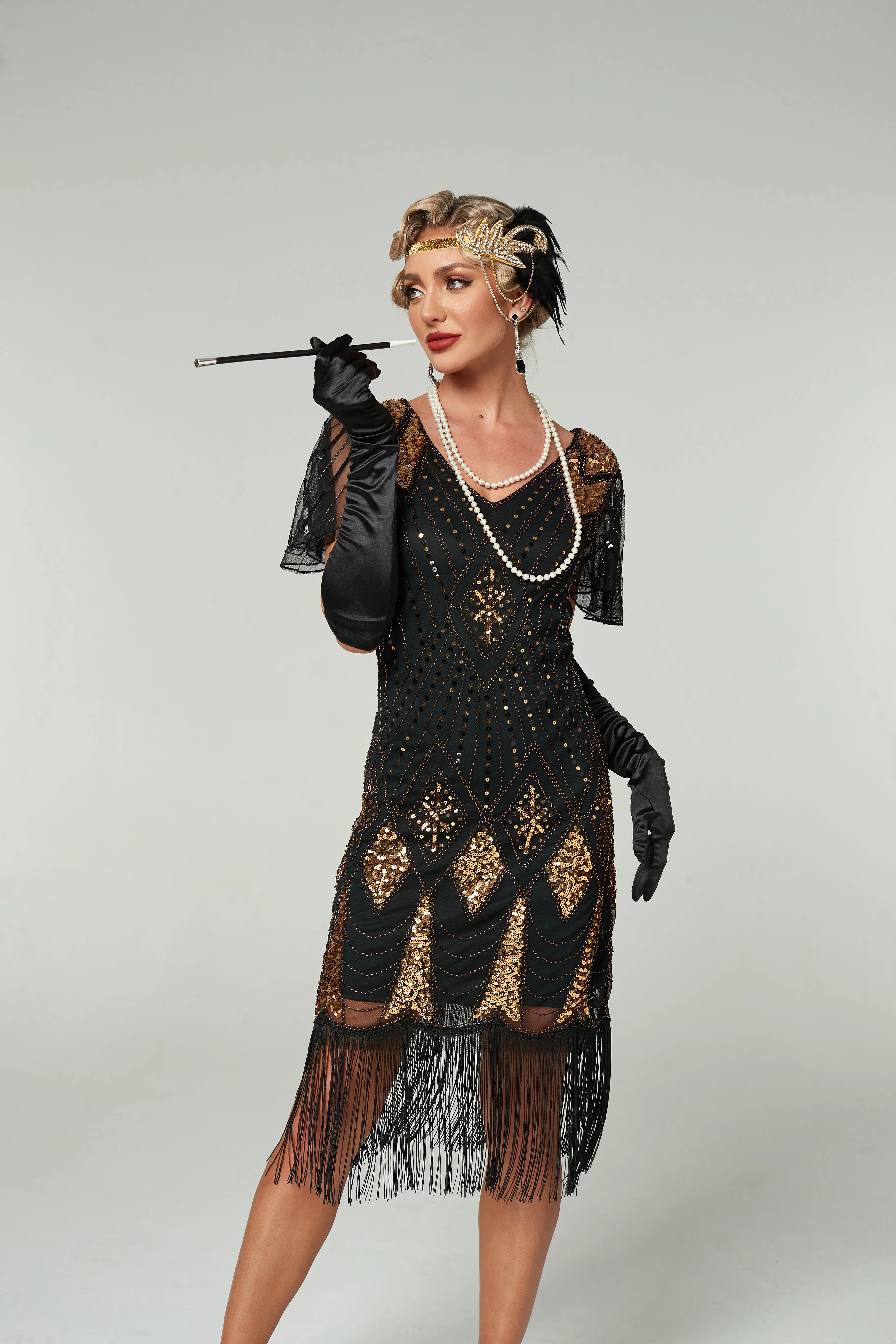 V Neck Sequined Beaded Tassels 1920S Gatsby Dress