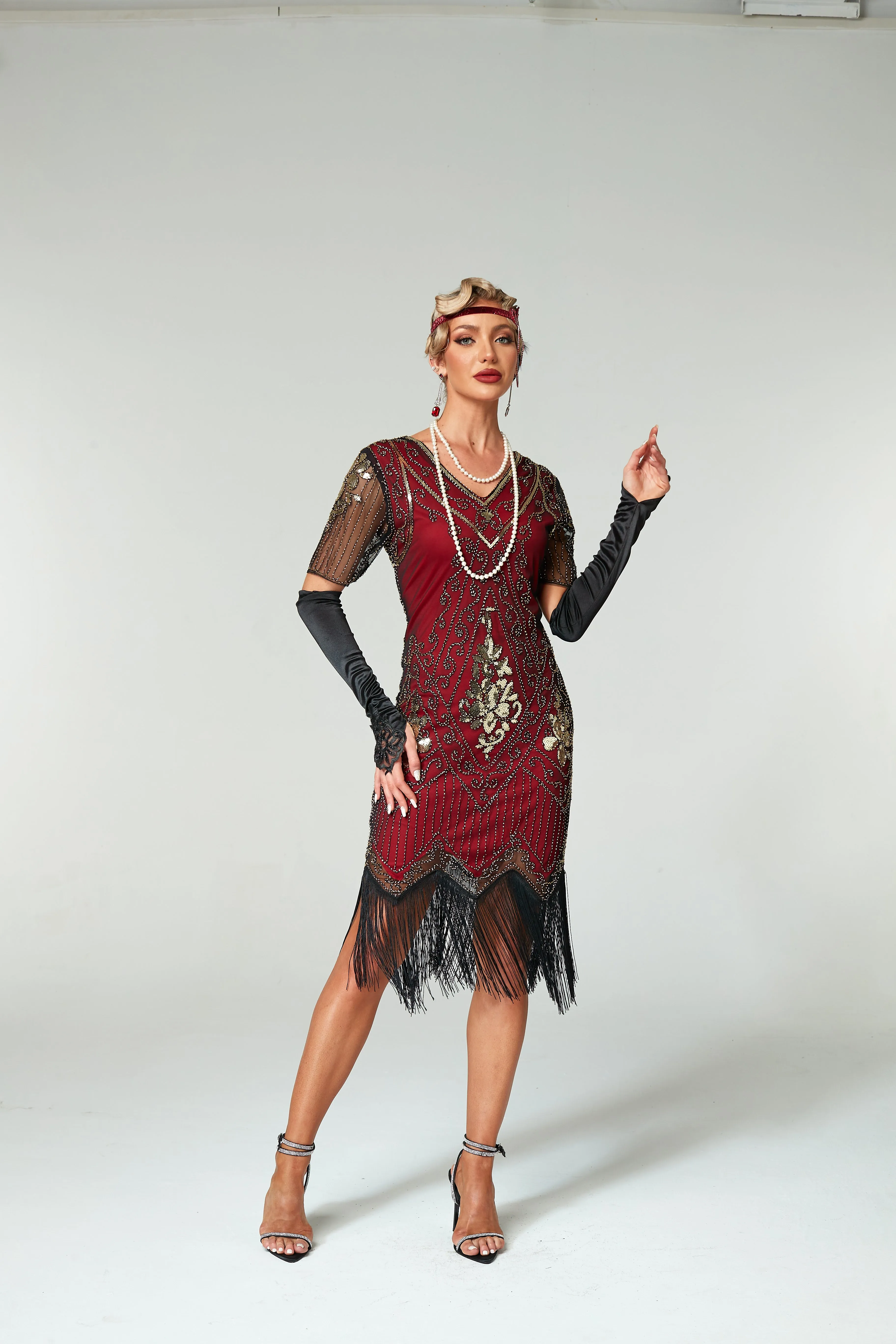 V Neck Sequined Beaded Tassels 1920S Gatsby Dress