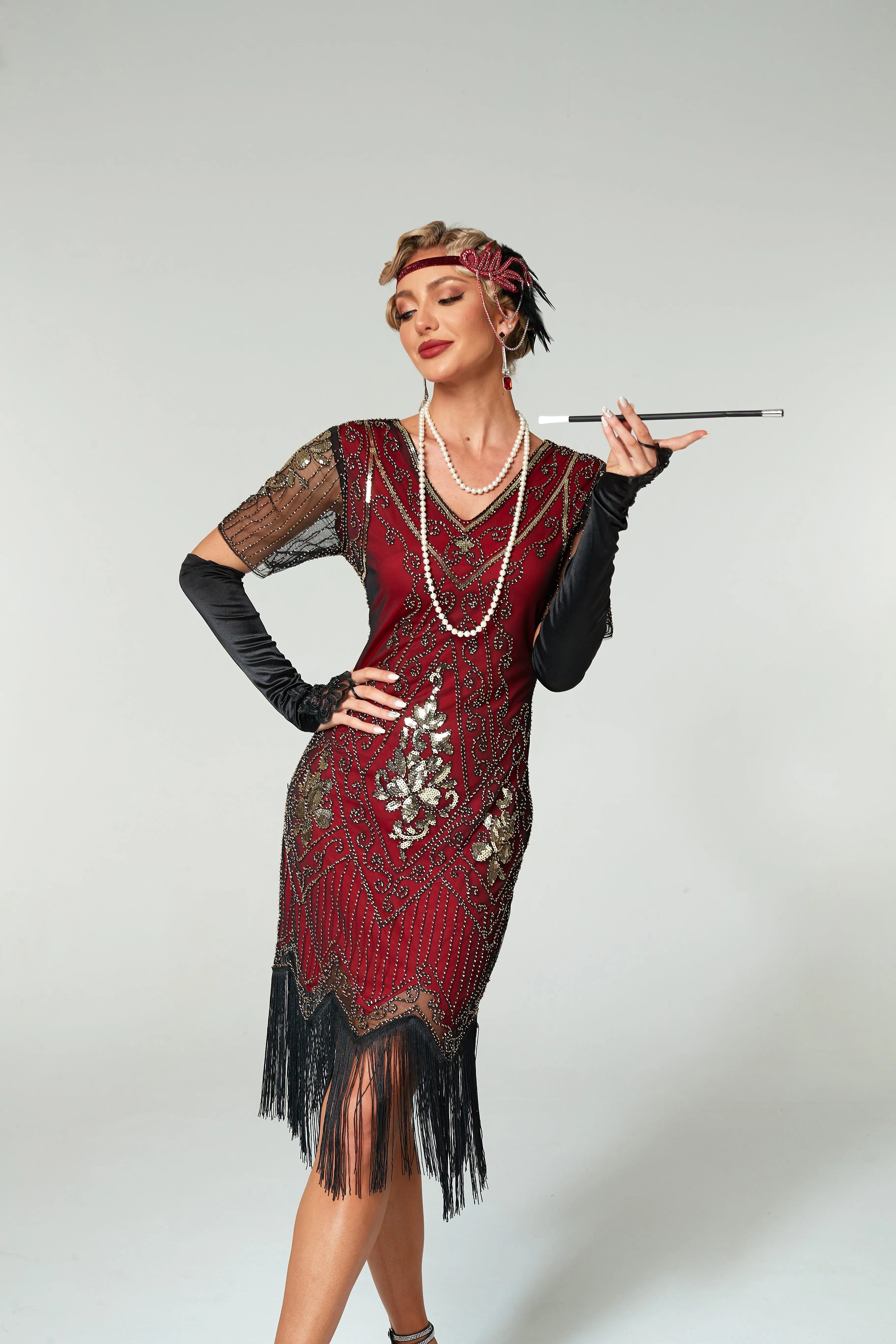 V Neck Sequined Beaded Tassels 1920S Gatsby Dress