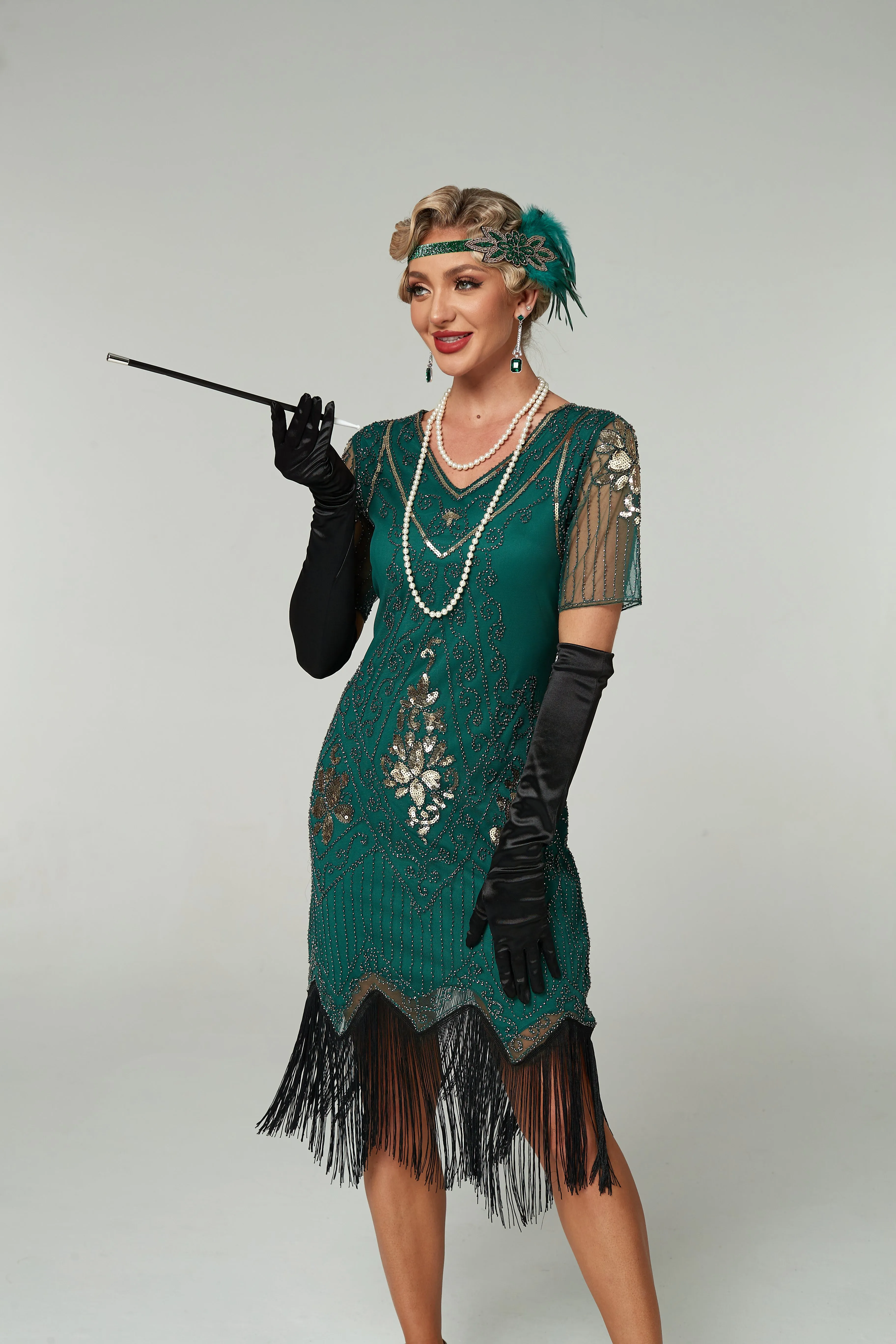 V Neck Sequined Beaded Tassels 1920S Gatsby Dress