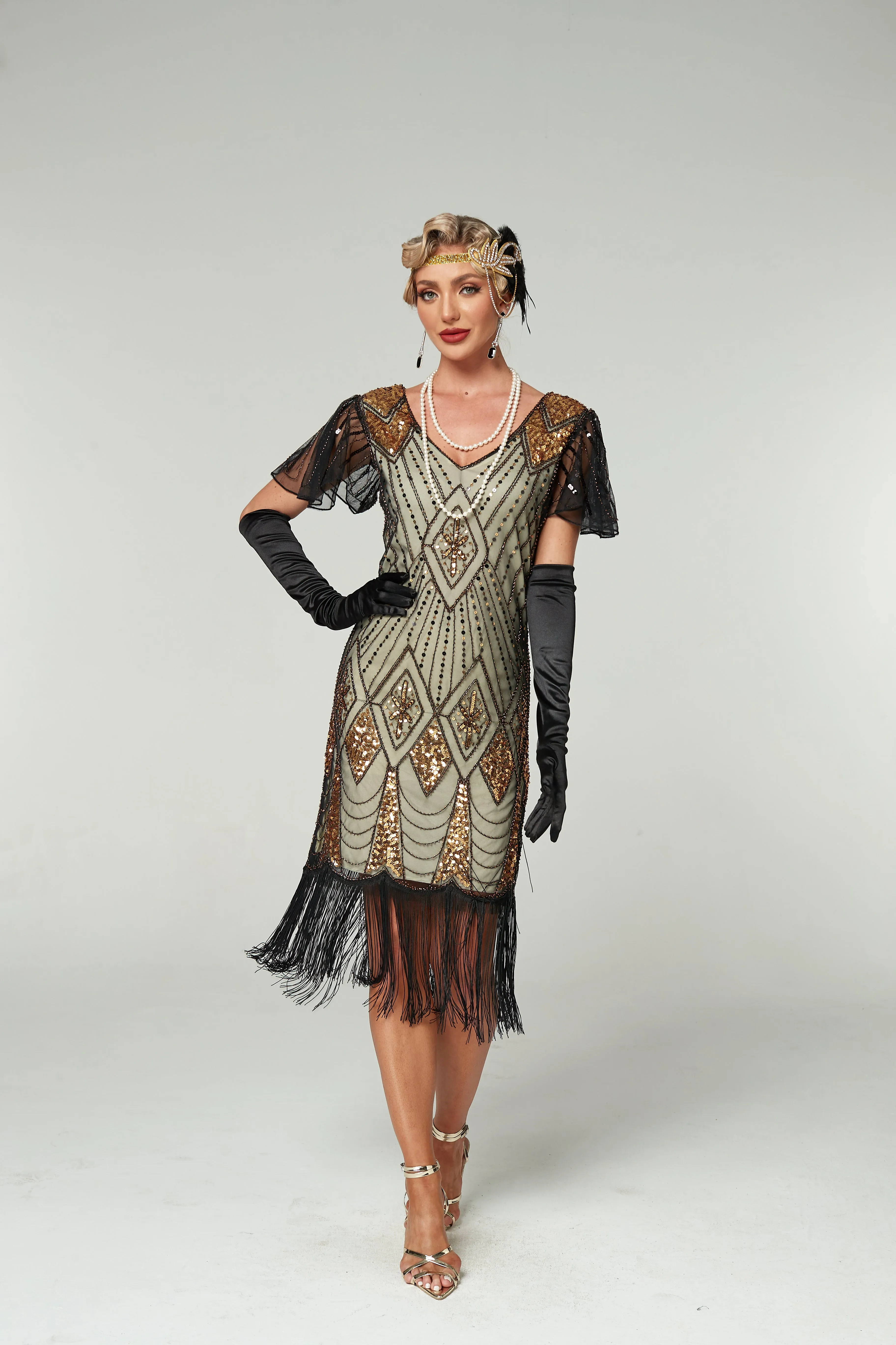 V Neck Sequined Beaded Tassels 1920S Gatsby Dress