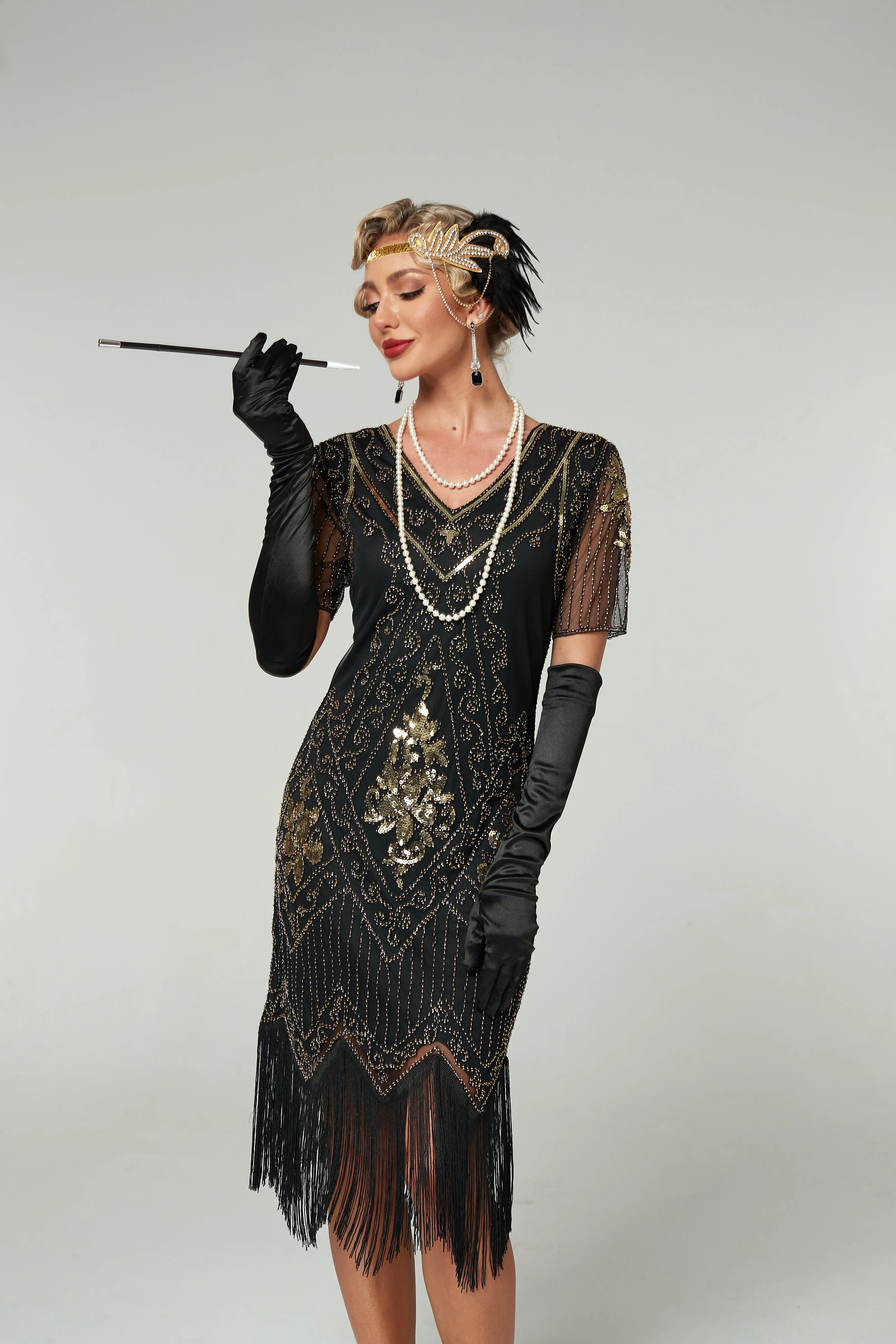 V Neck Sequined Beaded Tassels 1920S Gatsby Dress