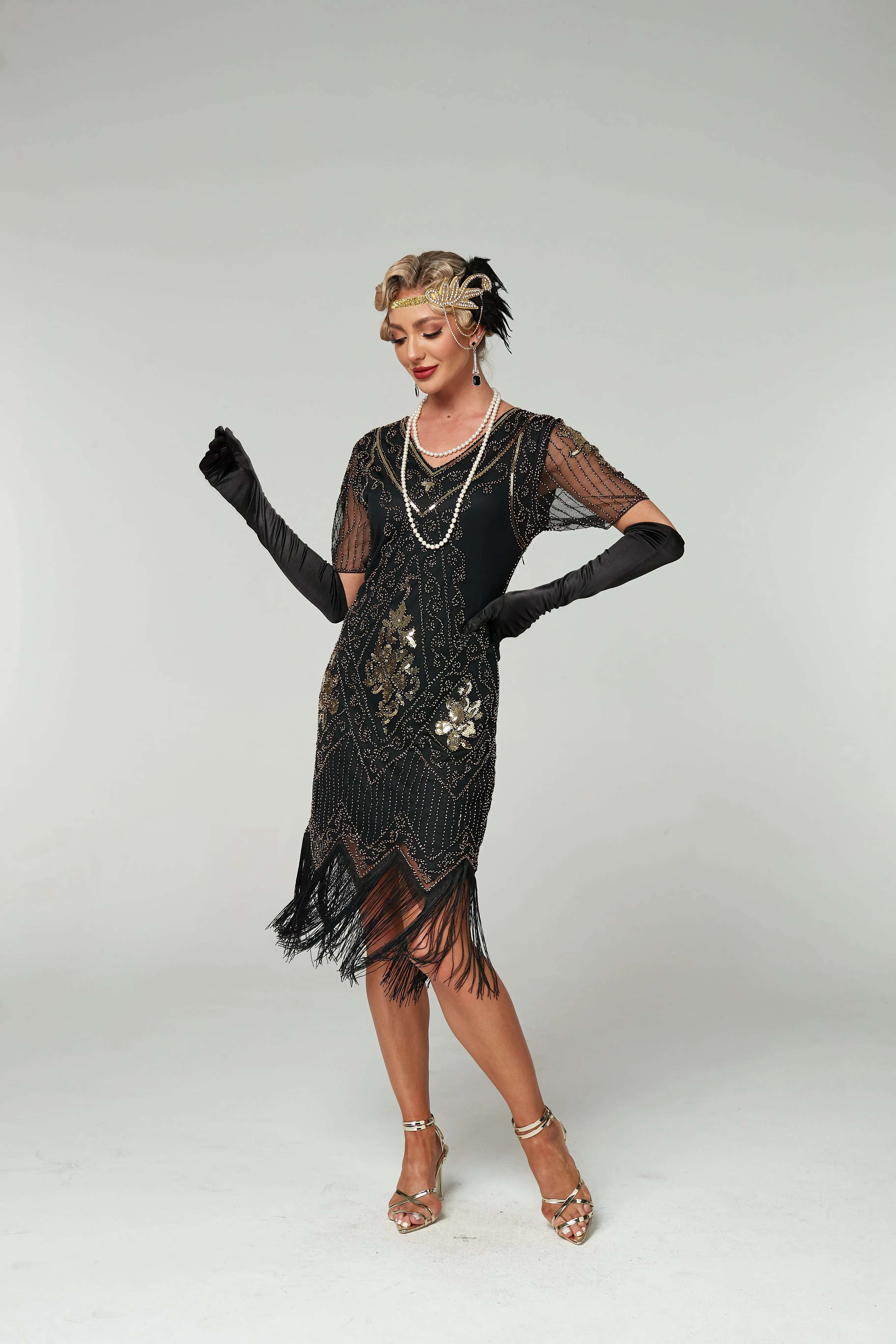 V Neck Sequined Beaded Tassels 1920S Gatsby Dress