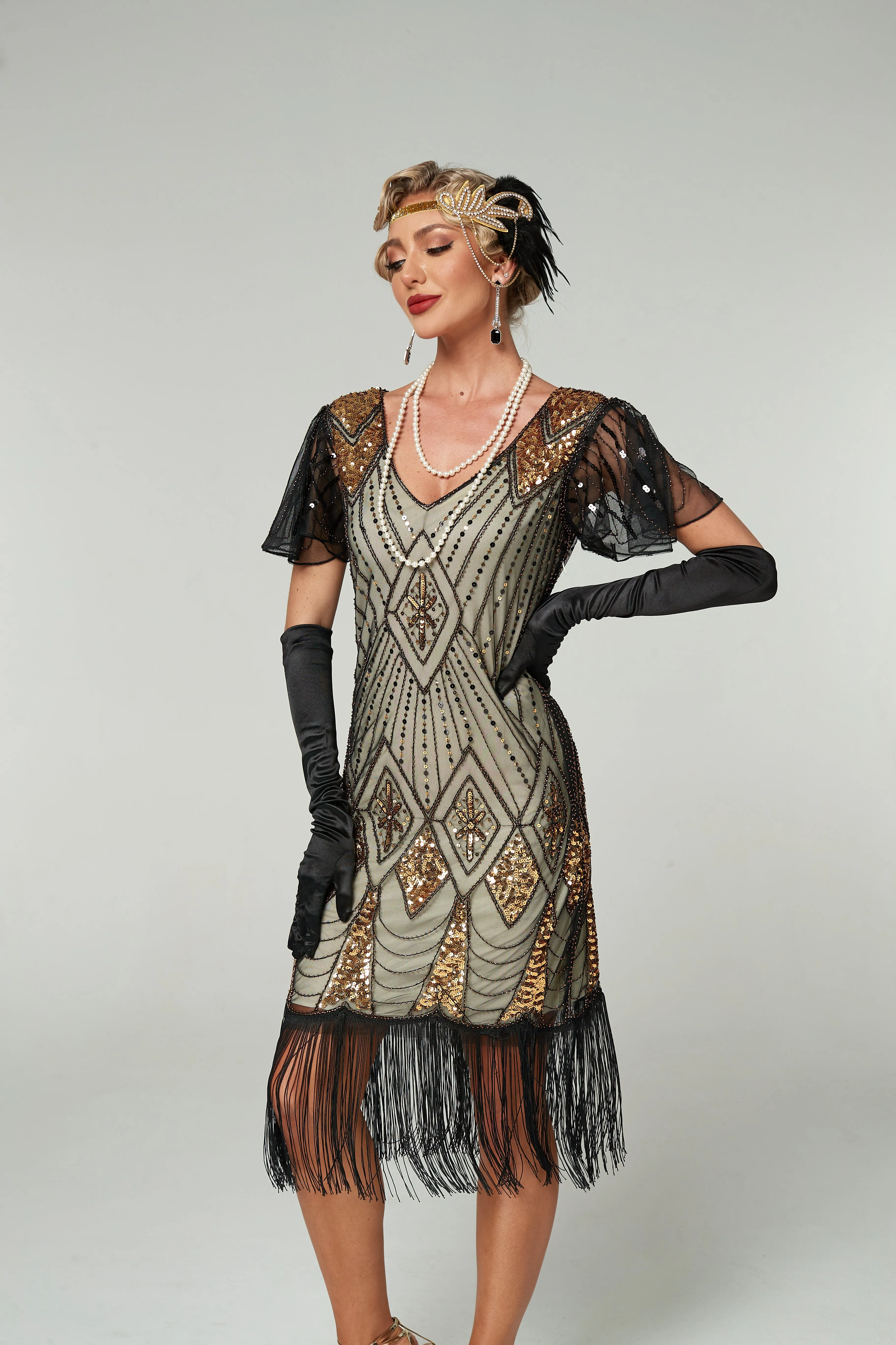 V Neck Sequined Beaded Tassels 1920S Gatsby Dress