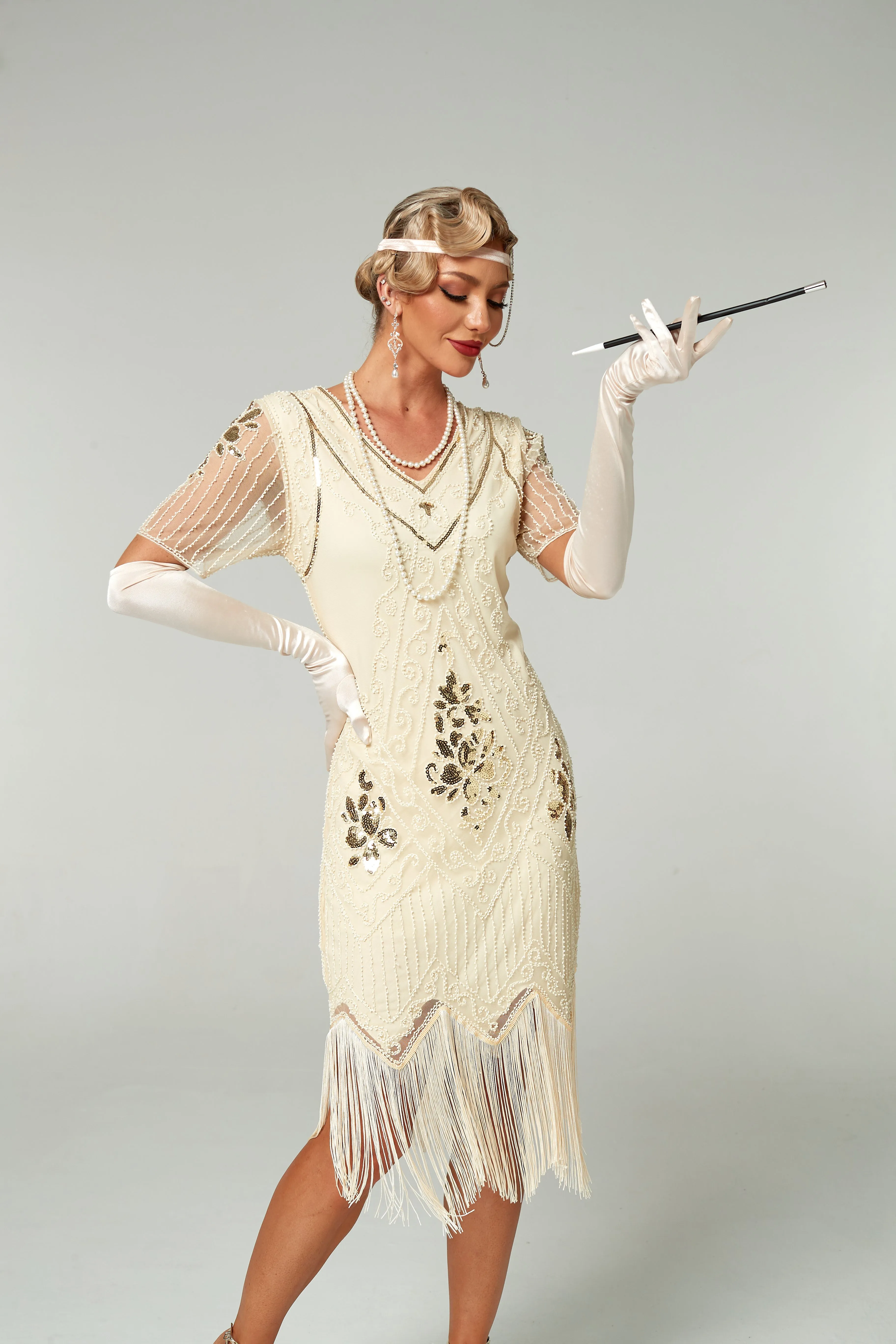 V Neck Sequined Beaded Tassels 1920S Gatsby Dress