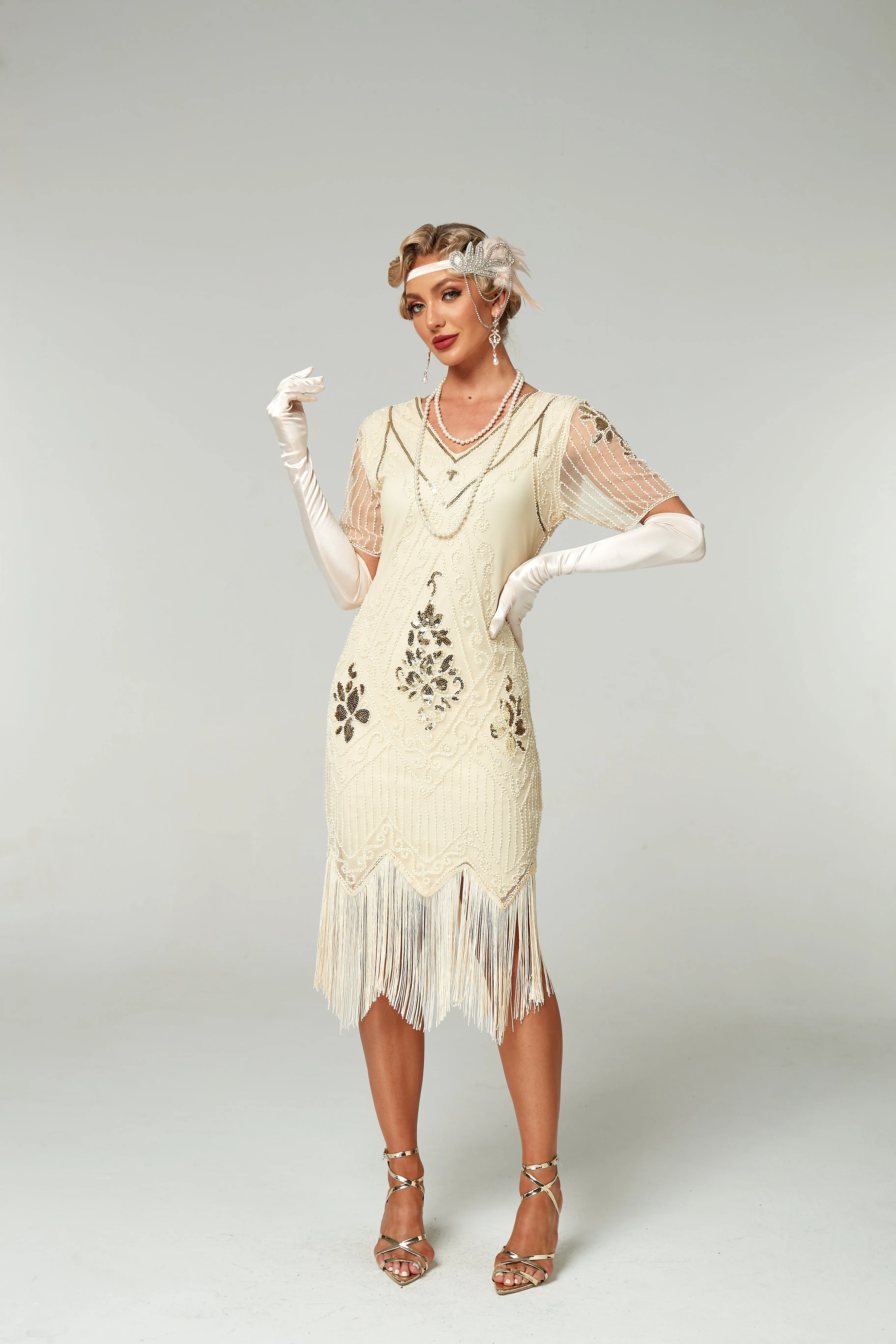 V Neck Sequined Beaded Tassels 1920S Gatsby Dress