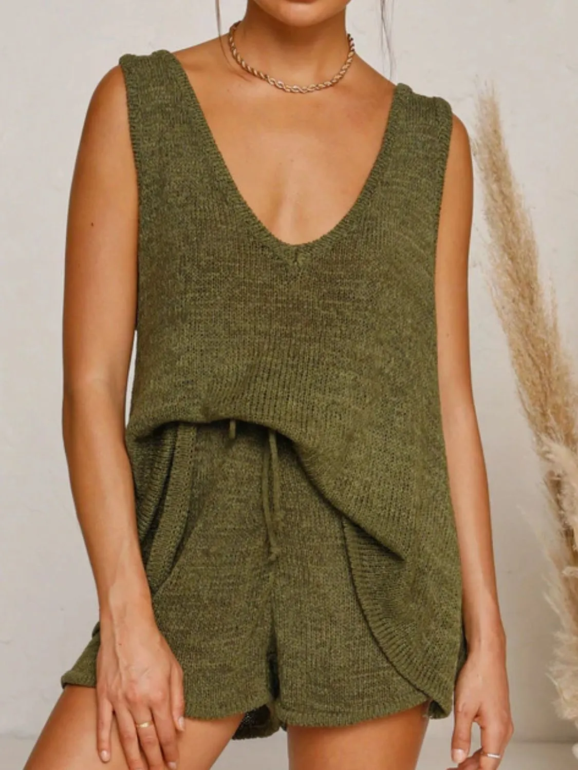 V-Neck Sleeveless Top and Drawstring Shorts Sweater Set (8 Colors)