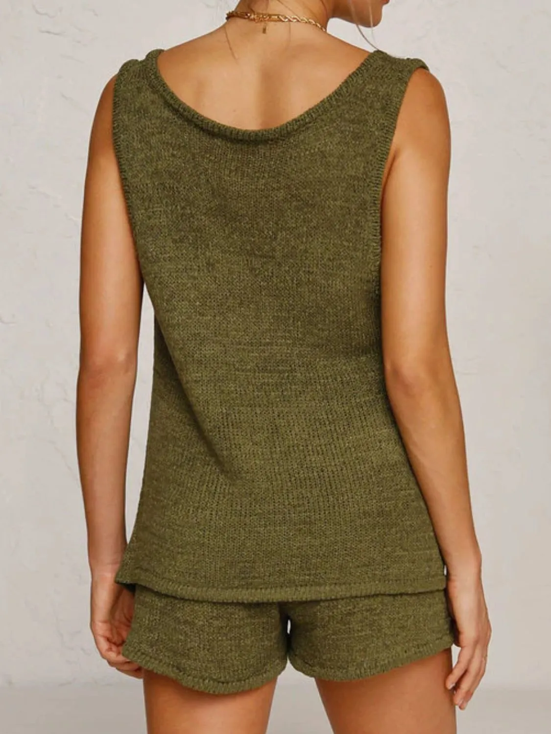V-Neck Sleeveless Top and Drawstring Shorts Sweater Set (8 Colors)