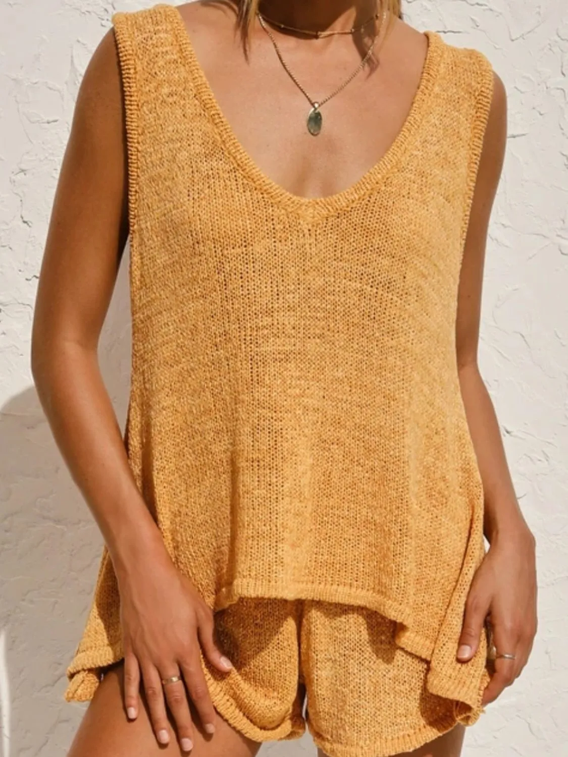 V-Neck Sleeveless Top and Drawstring Shorts Sweater Set (8 Colors)