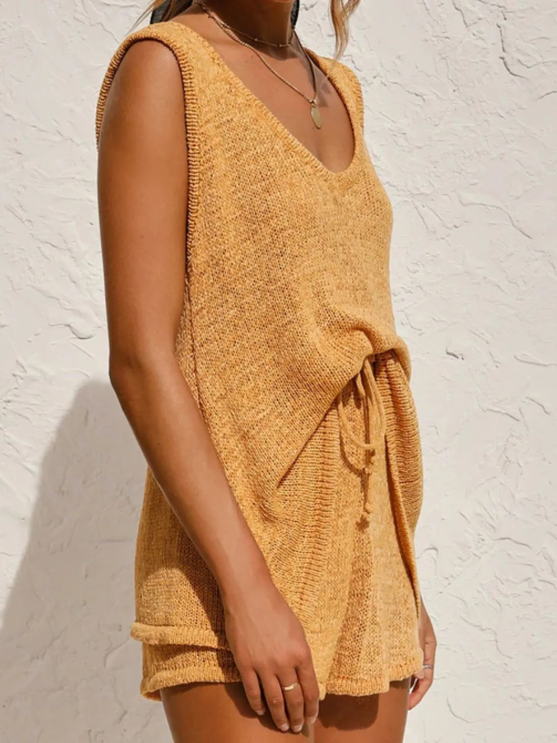 V-Neck Sleeveless Top and Drawstring Shorts Sweater Set (8 Colors)