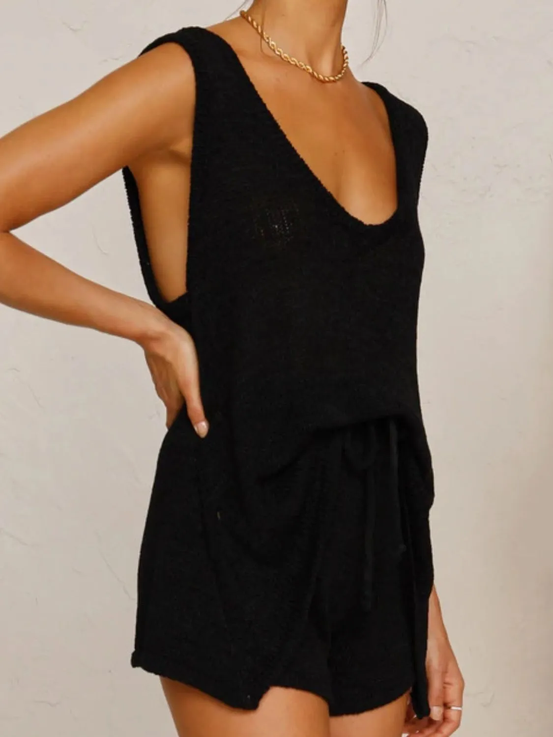 V-Neck Sleeveless Top and Drawstring Shorts Sweater Set (8 Colors)