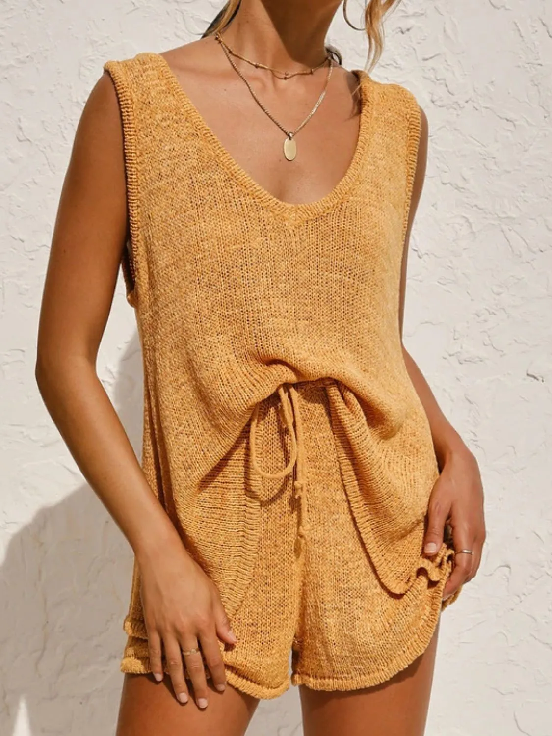 V-Neck Sleeveless Top and Drawstring Shorts Sweater Set (8 Colors)