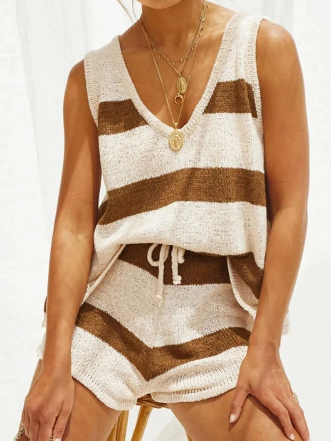 V-Neck Sleeveless Top and Drawstring Shorts Sweater Set (8 Colors)