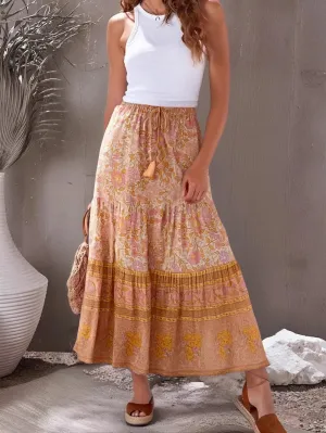 Vintage Floral Peacock Printed High Waist Beach Boho Skirt