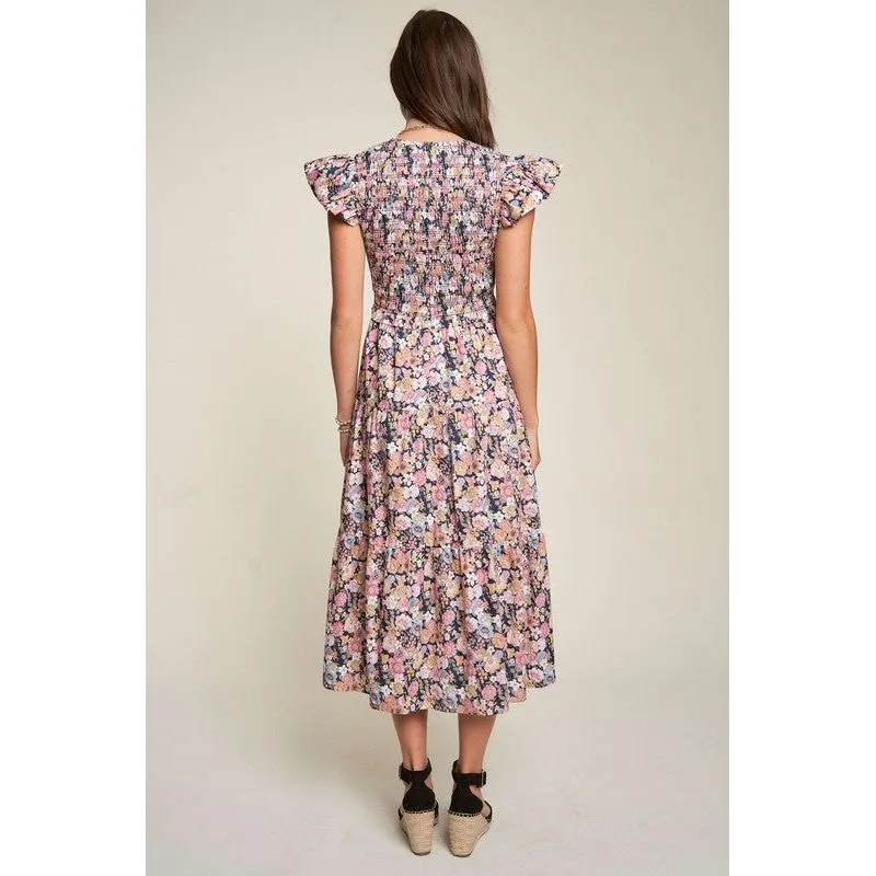 Vintage Garden Floral Flutter Smocking Midi Dress