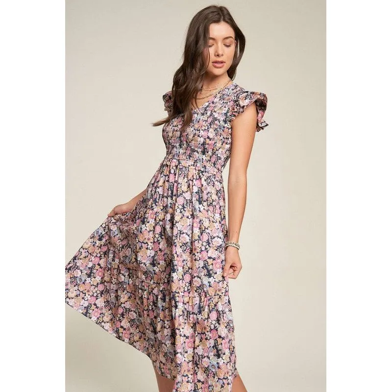 Vintage Garden Floral Flutter Smocking Midi Dress