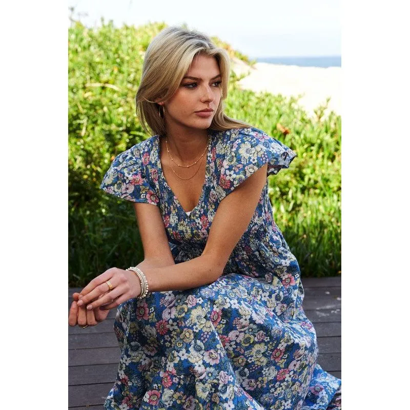Vintage Garden Floral Flutter Smocking Midi Dress