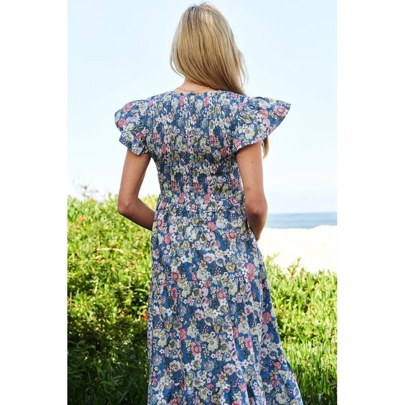 Vintage Garden Floral Flutter Smocking Midi Dress