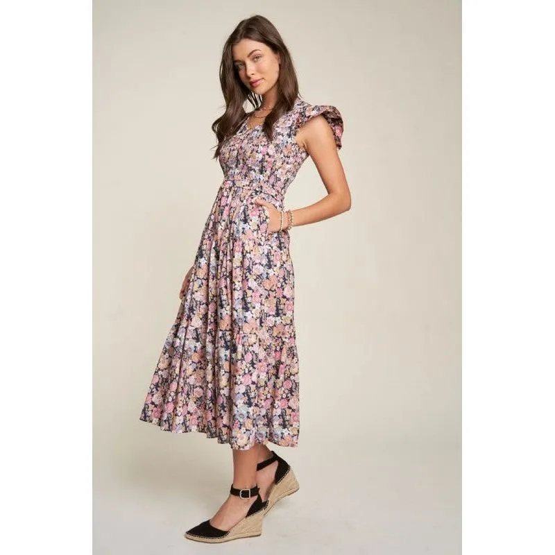 Vintage Garden Floral Flutter Smocking Midi Dress