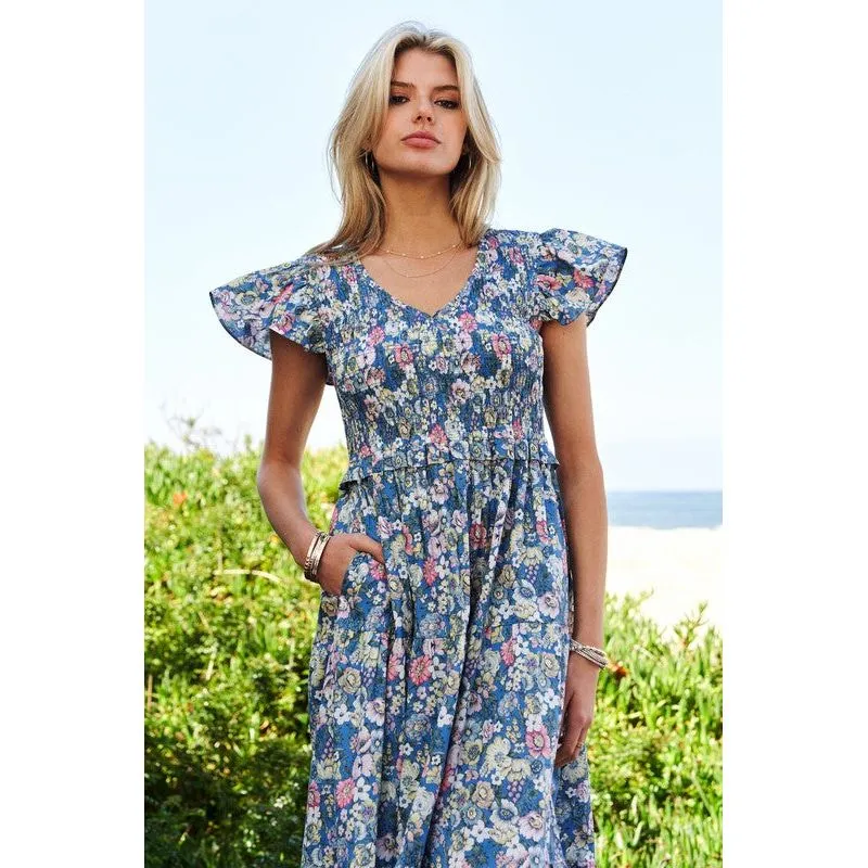 Vintage Garden Floral Flutter Smocking Midi Dress