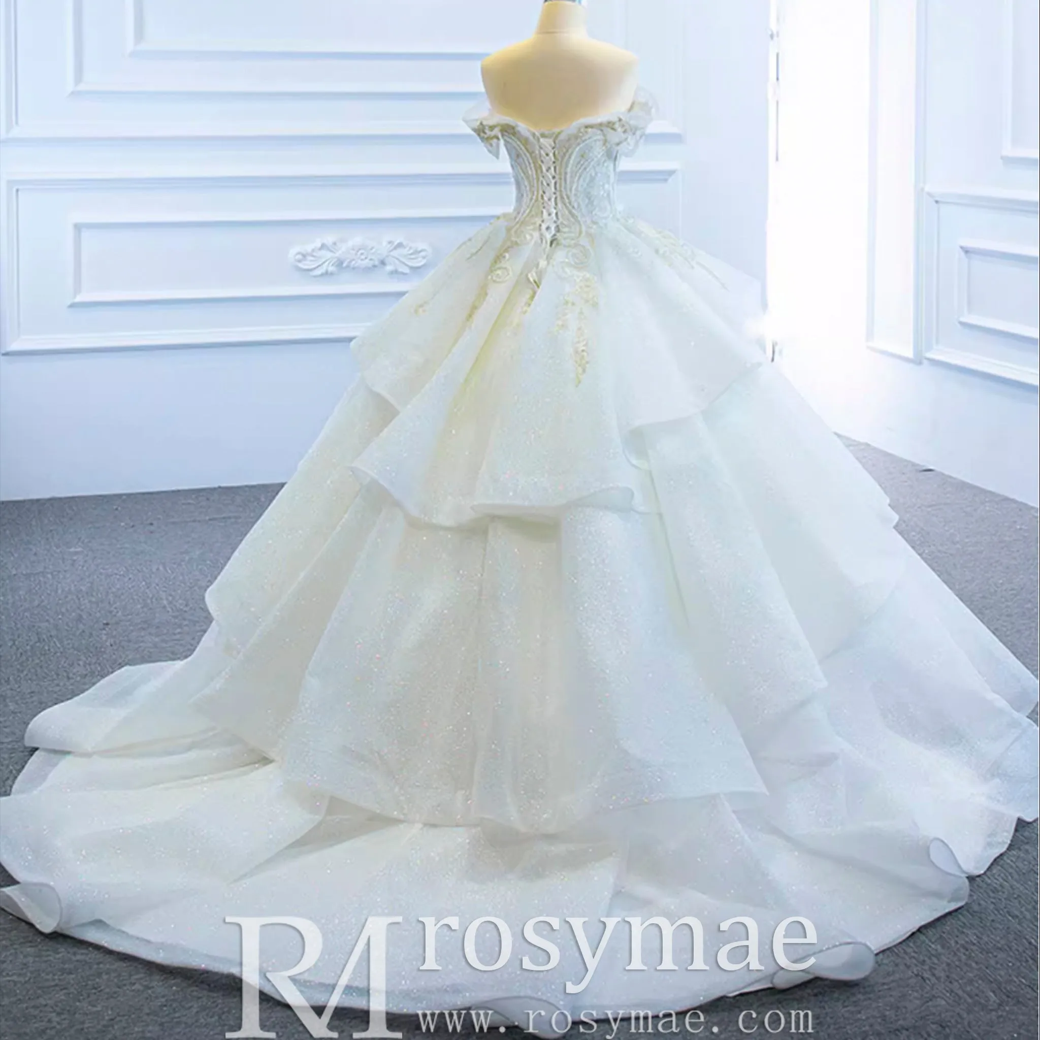 Vintage Off the Shoulder Tiered Ball Gown Wedding Dress