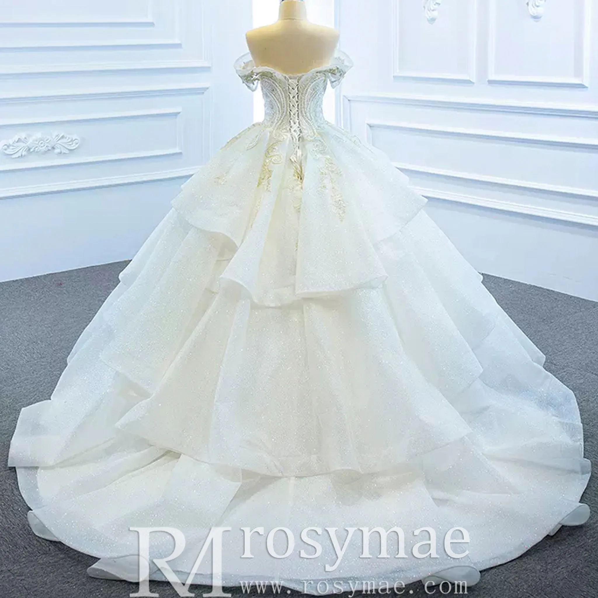 Vintage Off the Shoulder Tiered Ball Gown Wedding Dress