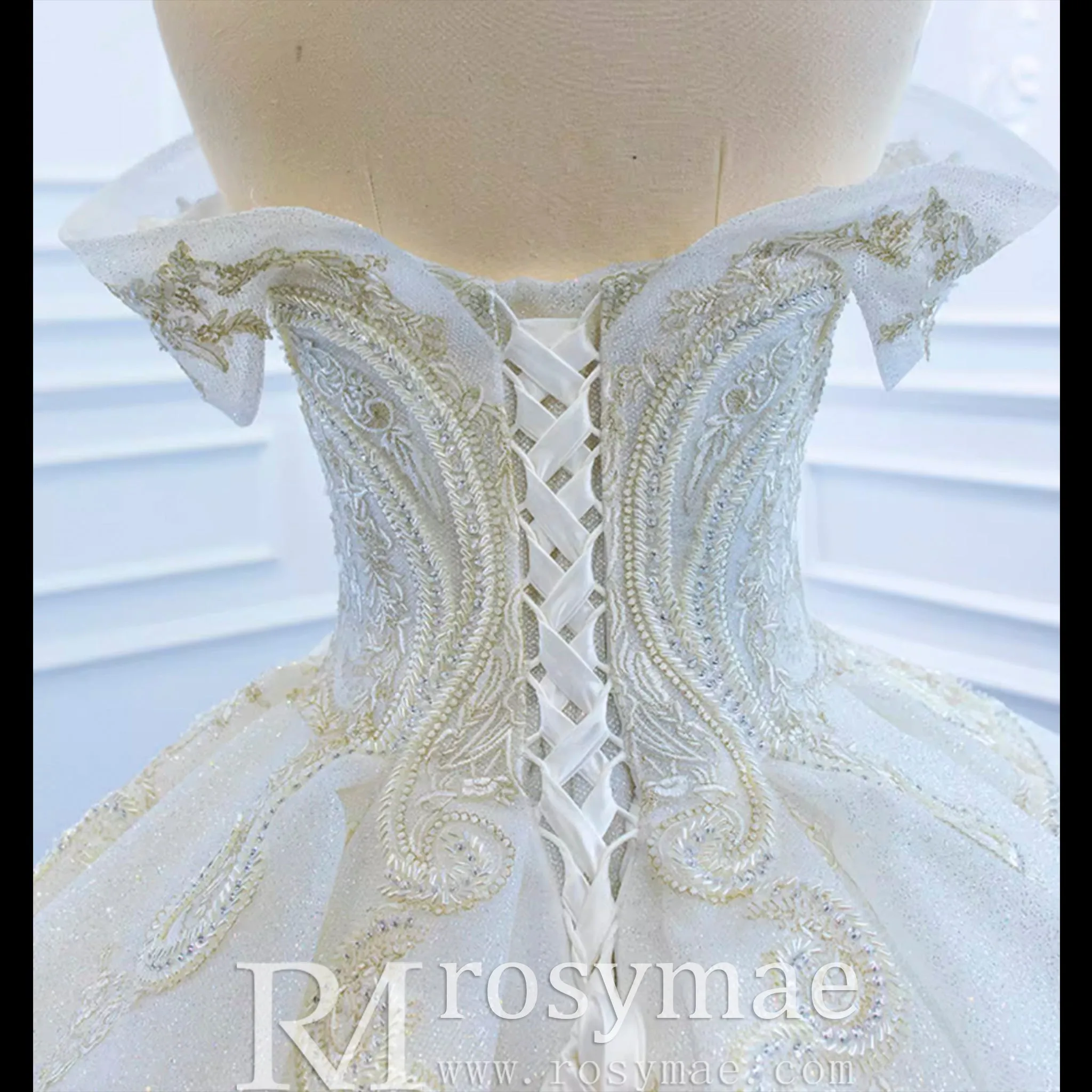 Vintage Off the Shoulder Tiered Ball Gown Wedding Dress