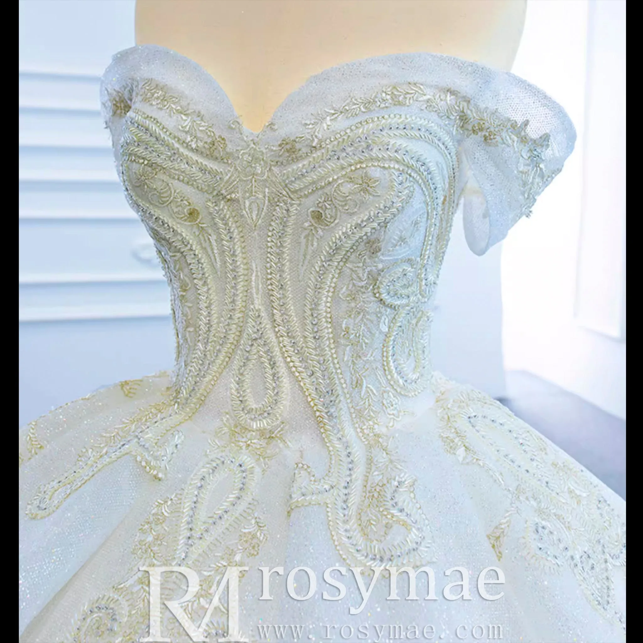 Vintage Off the Shoulder Tiered Ball Gown Wedding Dress