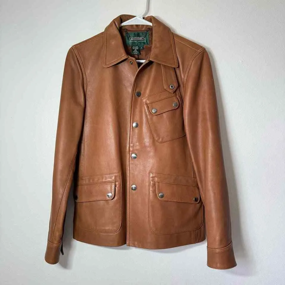 VTG Lauren Ralph Lauren Women's Cognac Tan Leather Button-Up Jacket – Equestrian Western Style, Size Small