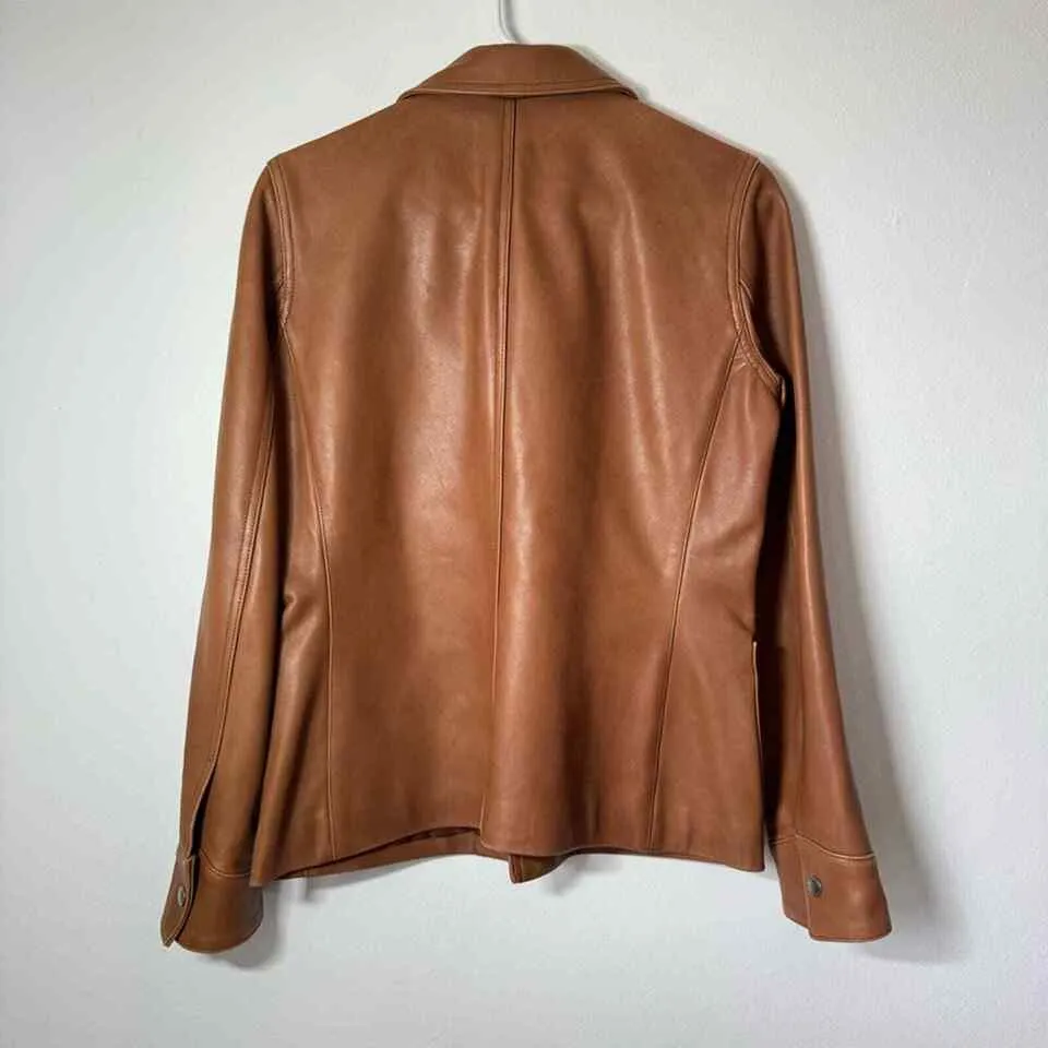 VTG Lauren Ralph Lauren Women's Cognac Tan Leather Button-Up Jacket – Equestrian Western Style, Size Small