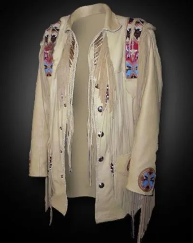 Western Beige Leather Fringe Beaded Jacket for Men MWJ305