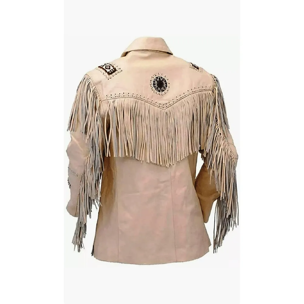 Western Beige Leather Fringe Beaded Jacket for Men MWJ306