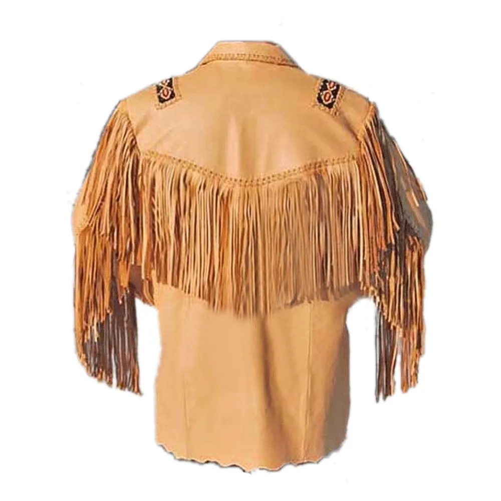Western Beige Leather Fringe Beaded Jacket for Men MWJ310