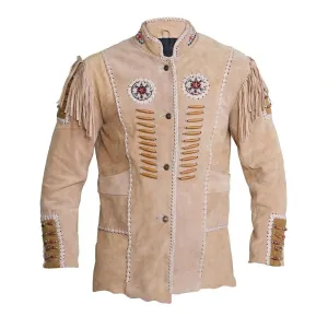Western Beige Suede Leather Fringe Beaded Jacket for Men MWJ331