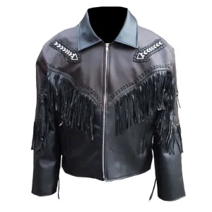 Western Black Leather Fringe Arrow Beaded Jacket for Men MWJ531
