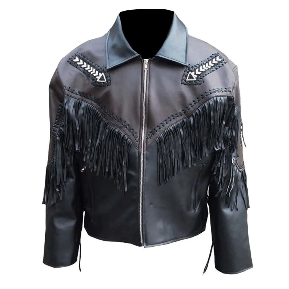 Western Black Leather Fringe Arrow Beaded Jacket for Men MWJ531