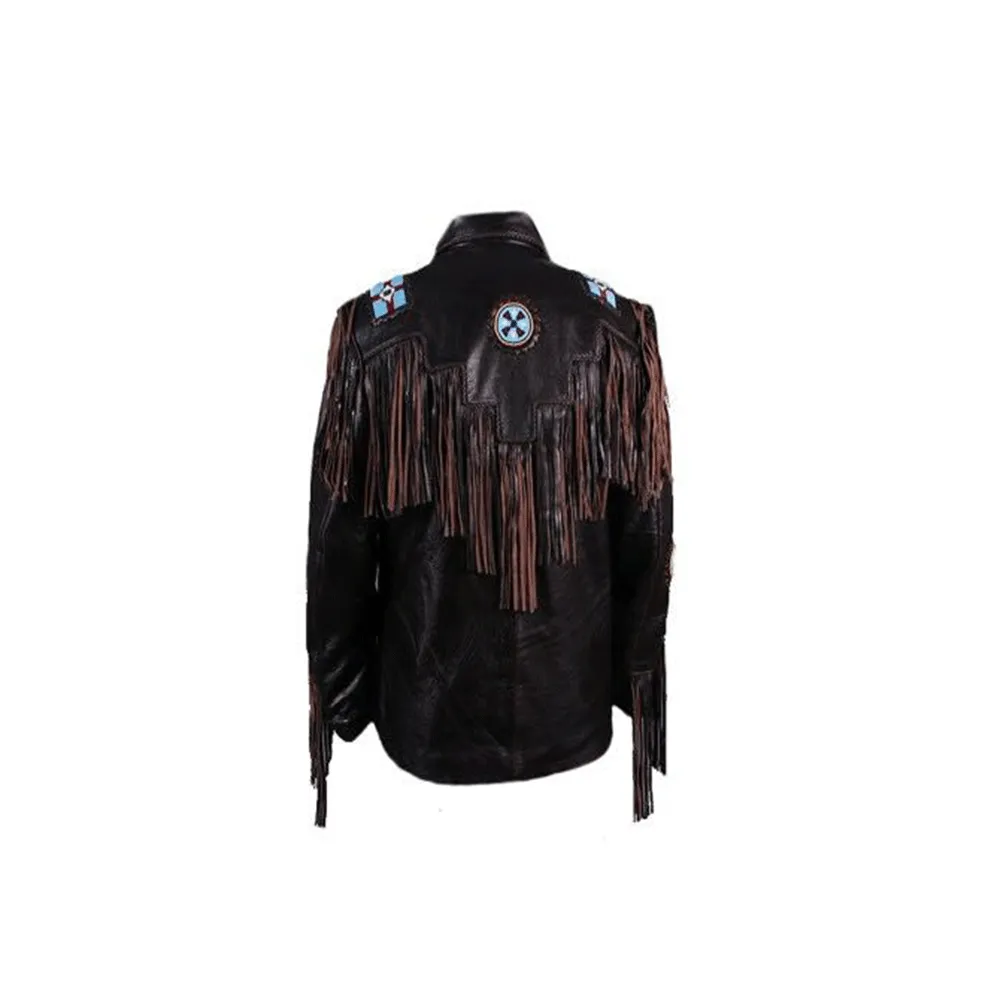 Western Black Leather Fringe Eagle Beaded Jacket for Men MWJ514