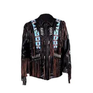 Western Black Leather Fringe Eagle Beaded Jacket for Men MWJ514