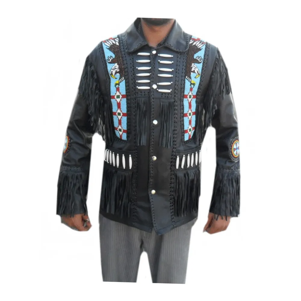 Western Black Leather Fringe Eagle Beaded Jacket for Men MWJ550