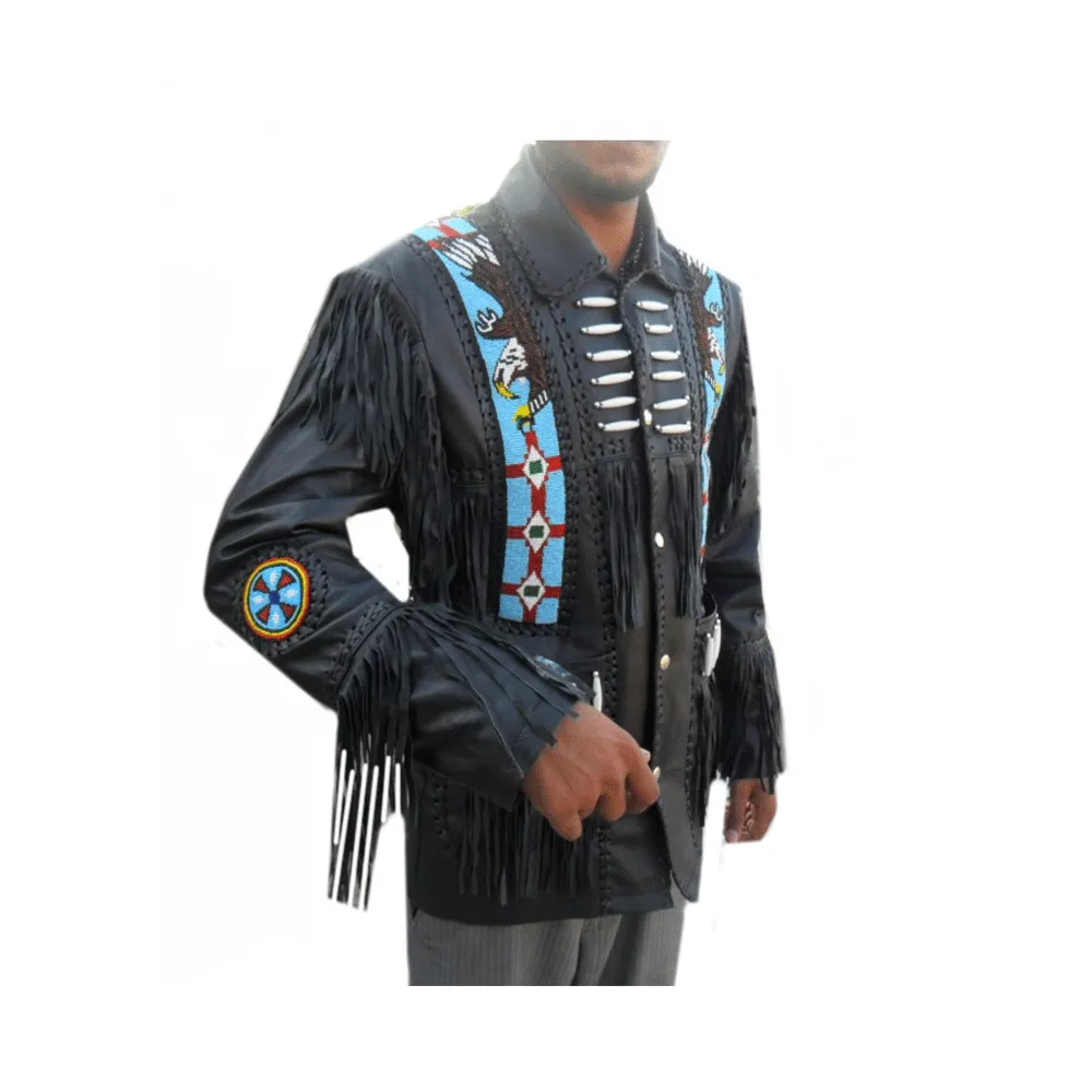 Western Black Leather Fringe Eagle Beaded Jacket for Men MWJ550