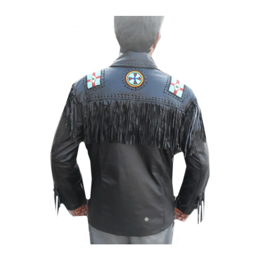 Western Black Leather Fringe Eagle Beaded Jacket for Men MWJ550
