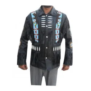 Western Black Leather Fringe Eagle Beaded Jacket for Men MWJ550