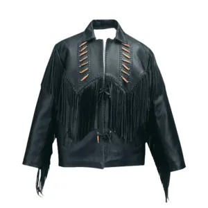 Western Black Leather Fringe Jacket for Men MWJ549