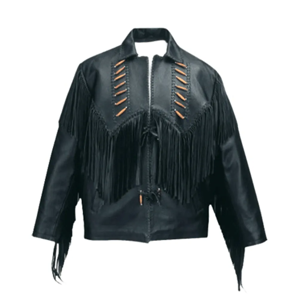 Western Black Leather Fringe Jacket for Men MWJ549