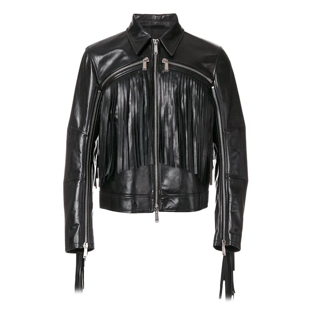 Western Black Leather Long Fringe Jacket for Men MWJ545