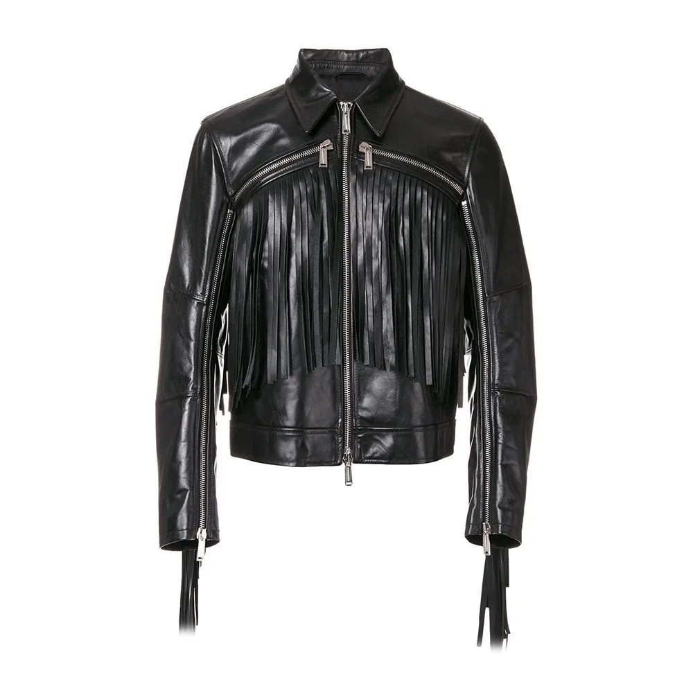 Western Black Leather Long Fringe Jacket for Men MWJ545