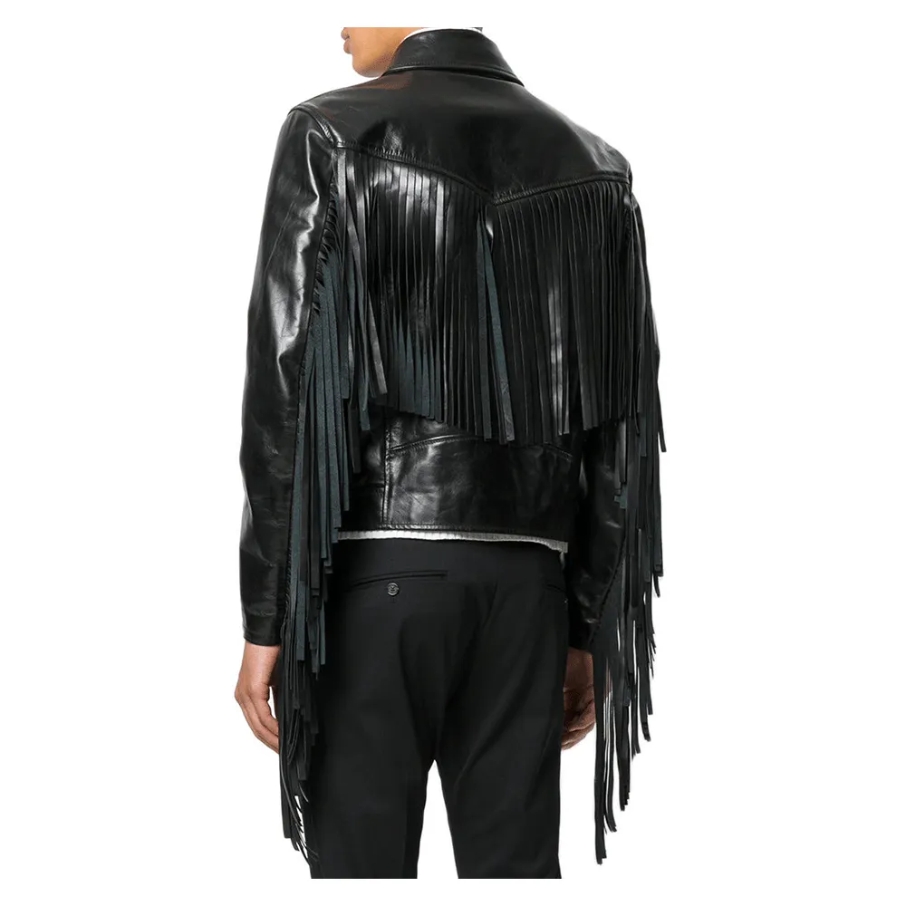 Western Black Leather Long Fringe Jacket for Men MWJ545