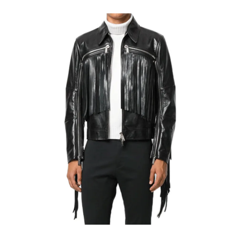 Western Black Leather Long Fringe Jacket for Men MWJ545