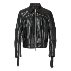 Western Black Leather Long Fringe Jacket for Men MWJ545